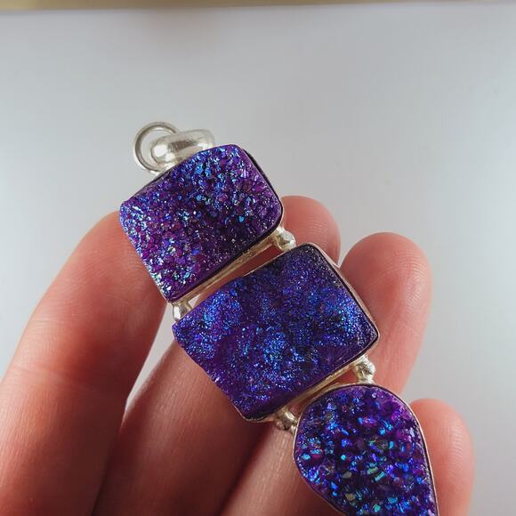 Purple Druzy Quartz Sterling Silver Pendant 2.5" Iridescent Triple Drop - Picture 12 of 13